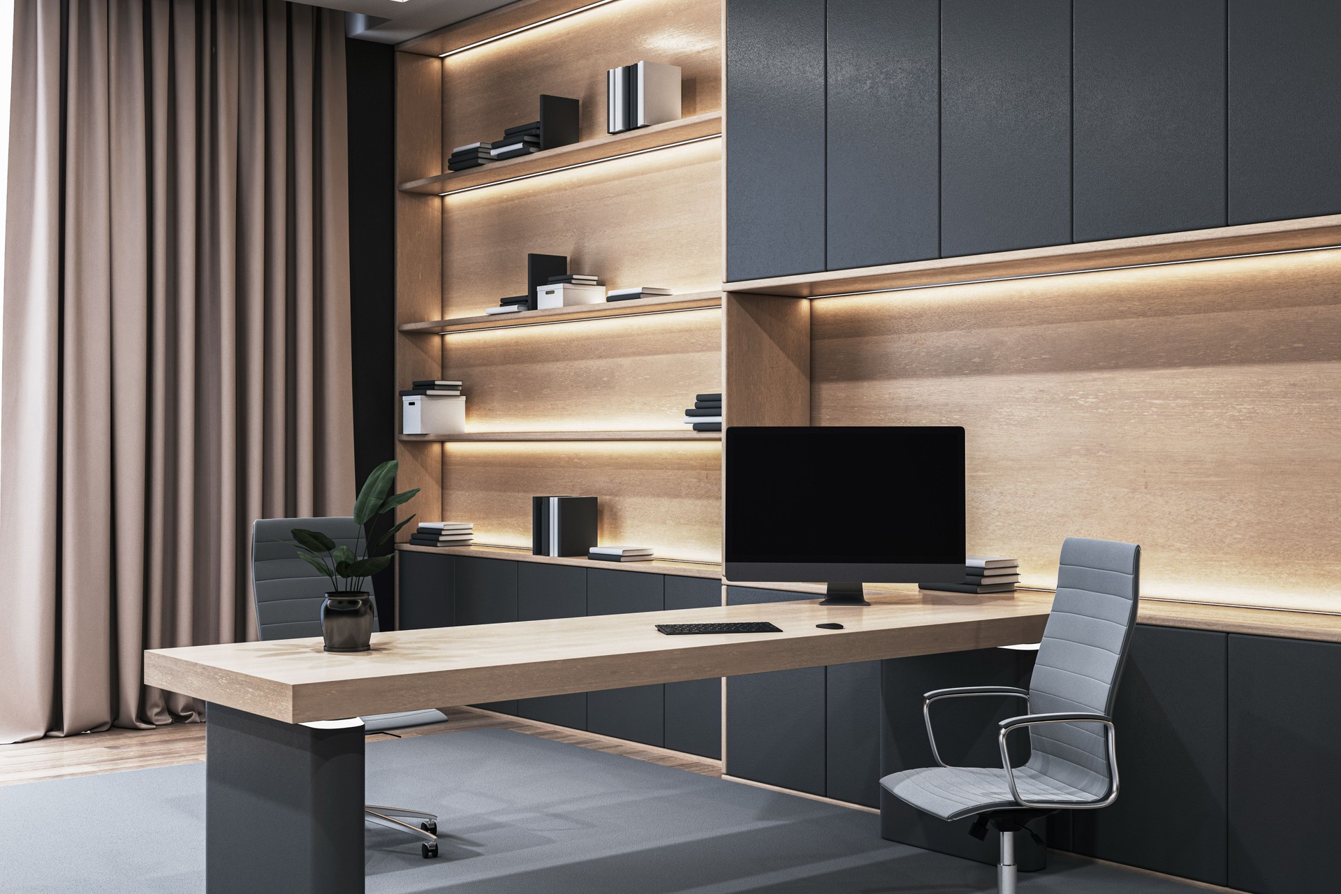 Modern executive office interior with wooden desk, shelves, computer, and chair in sleek design. Professional workplace concept. 3D Rendering
